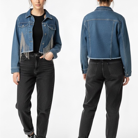 Juniors Denim Crop Jacket with Fringe Detail - Picture 8 of 8